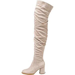 Women Beige Suede Leather Pull On Side Zipper Chunky Block Heel Thigh High Boots